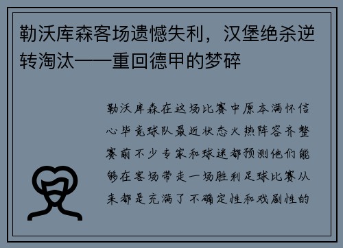 勒沃库森客场遗憾失利，汉堡绝杀逆转淘汰——重回德甲的梦碎