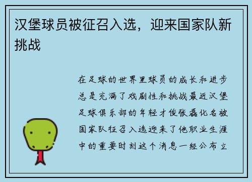 汉堡球员被征召入选，迎来国家队新挑战