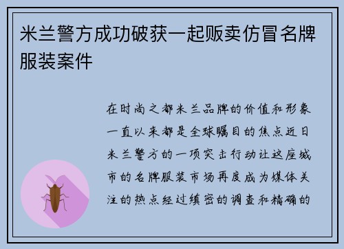 米兰警方成功破获一起贩卖仿冒名牌服装案件